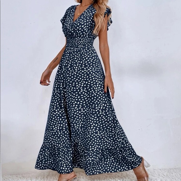 Dots ruffle trim shirred waist maxi dress navy blue - Picture 4 of 16